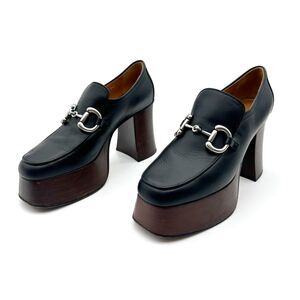 GUCCI Black Baby Horsebit Platform Heeled Loafer Size 37.5 US 7.5 Leather Chunky